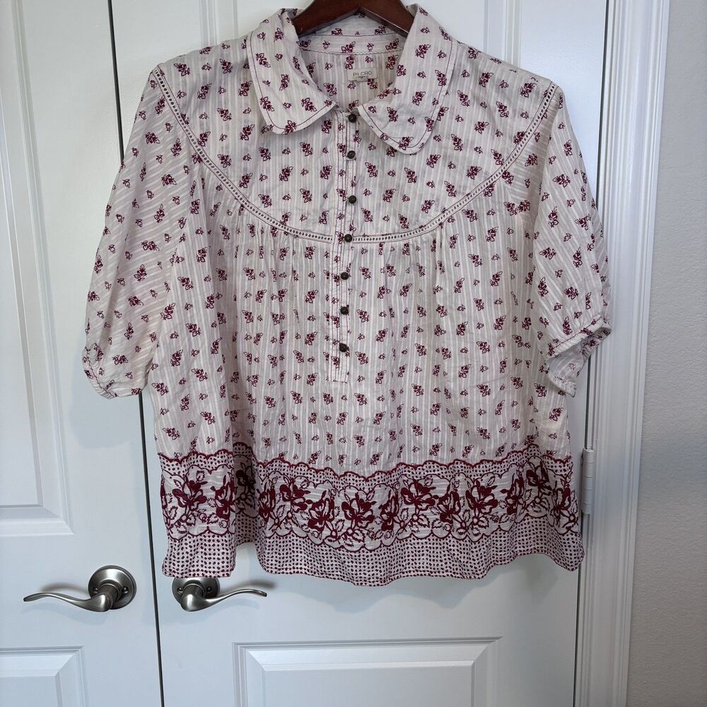Pilcro Anthropologie Floral Boho Peasant Top 3XL White Red Embroidered Border